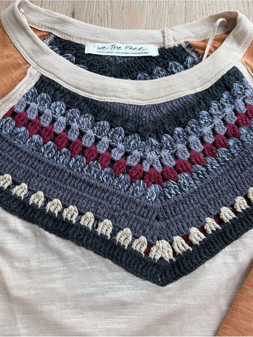 We The Free Cream Sweater with Rust Sleeves and Multicolor Crochet Yoke